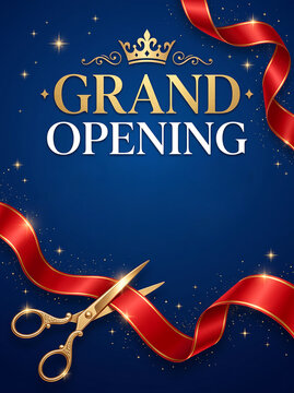 Grand opening celebration background with red ribbon and gold scissors