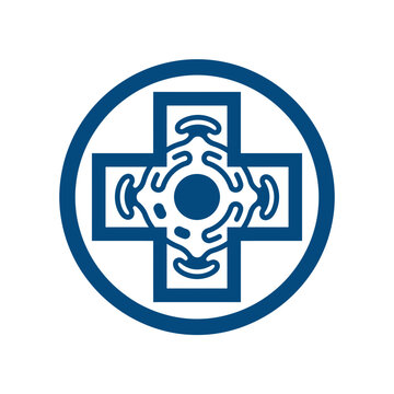 Blue medical cross with microorganism cell pattern in circular frame