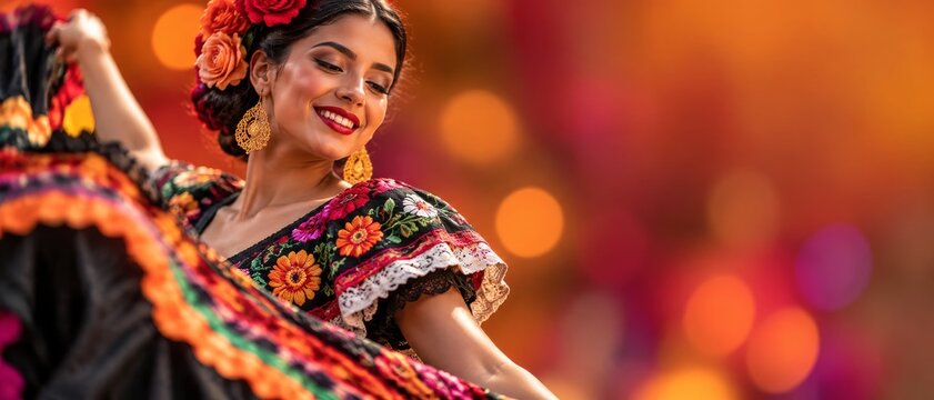 Mexican woman dances in a traditional folklorico dress. Floral headpiece, raised skirt, earrings, and warm bokeh fill the frame. Mexican culture and festival celebration concept.