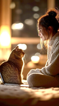 Cozy Woman and Cat Sharing Warm Moment at Home
