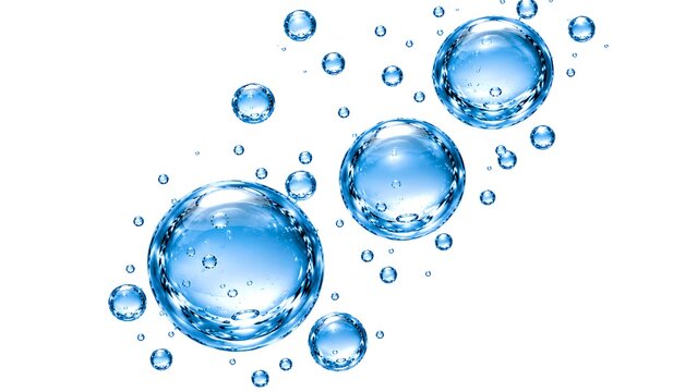Cluster of translucent blue water bubbles with internal air pockets in cascading fluid motion for backgrounds.
