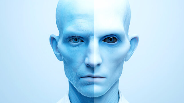 Clean Split Portrait of Human and Alien Hybrid Face