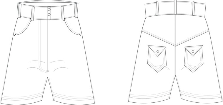 Technical fashion illustration of high waisted cargo shorts with front curved pockets and pointed back yoke design details