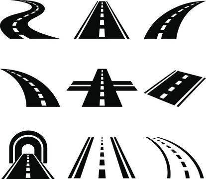 Set of black asphalt road icons featuring various curves intersections tunnels and lane perspectives for map design layouts.