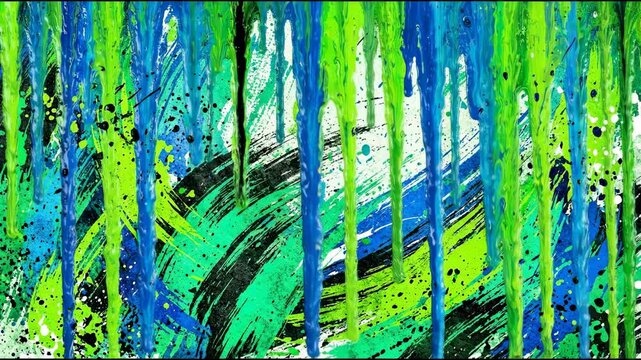 Vibrant abstract art showcases swirling strokes in green, blue, and black. The artwork uses paint splatters and smooth transitions to create energy