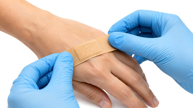 Gloved hands applying adhesive bandage to injured wrist on white background