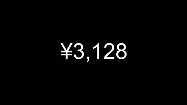 yen currency counter numbers animation from o to 5000 on black background in 4k resolution.