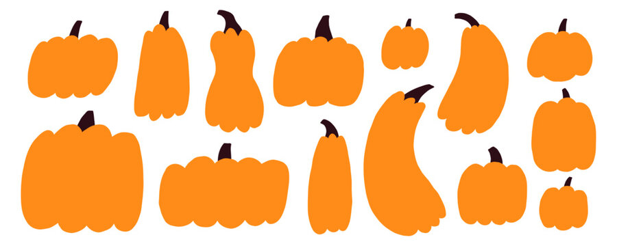 Cute Thanksgiving Pumpkin Silhouette Set. Doodle Fall Halloween Pumpkins Shape Kit. Gourd Food Harvest Collection. Hand Drawn Organic Vector Clipart Illustration