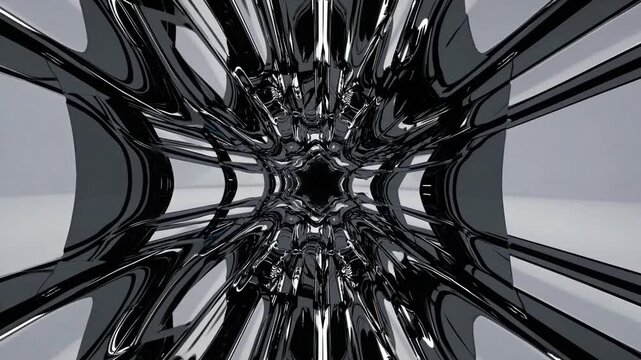 Reflective chrome starburst pattern, Symmetrical metallic sculpture with glossy reflections, Industrial style metallic artifact featuring radial spoke arrangement and mirror effects