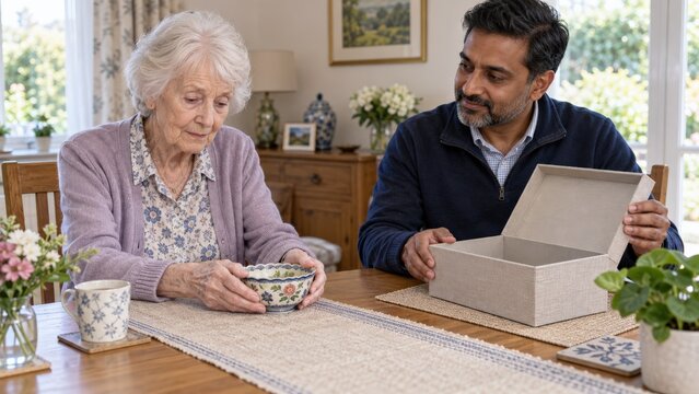 A woman reconsiders a decorative bowl at her dining table while a helper offers an empty box for temporary storage during a respectful home decluttering visit