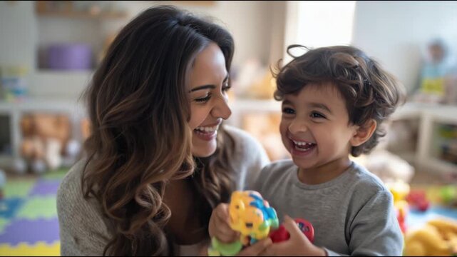 Beautiful mother and her little boy enjoying a moment of pure happiness playing with a toy at home
