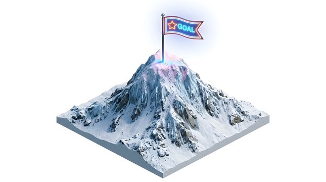 Mountain peak goal flag 3D illustration success achievement concept summit