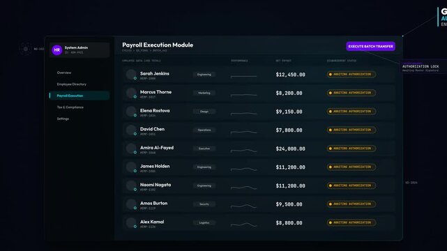 Abstract animation of a payroll execution module interface showing automated batch transfer and crypto-signed disbursement via decentralized node network for global corporate finance