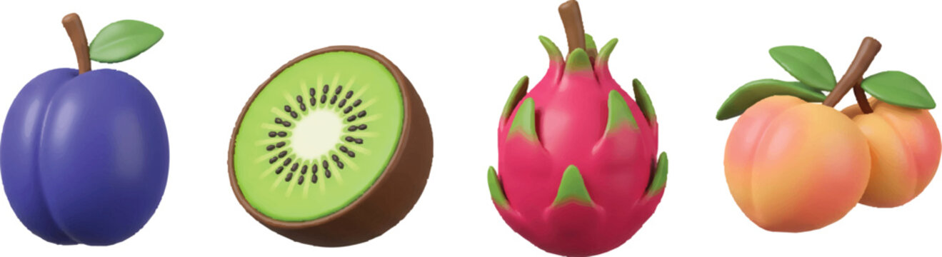 3D Fruit Icon Set Cute Clay Style Render of Plum, Sliced Kiwi, Dragon Fruit, and Peach Isolated on White Background