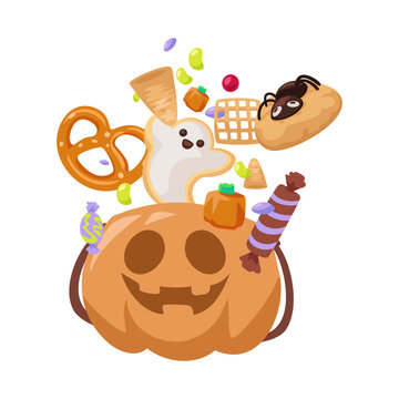 Cute Halloween pumpkin bucket with ghost cookie and bakery treats vector illustration