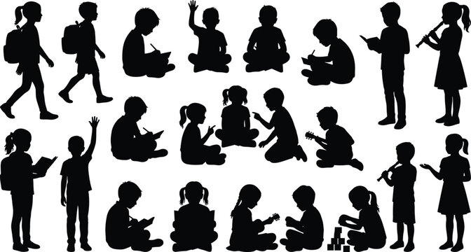 Children Silhouette Collection Showing Kids Reading Writing Playing Music and Learning Activities Together