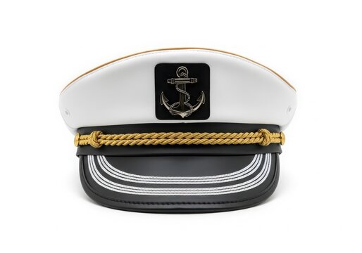 Navy captain black hat with rope and anchor emblem isolated on white background