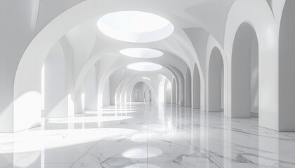Fototapeta premium Grand white hall with arched colonnade and skylights