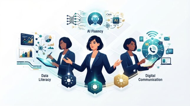 Three professionals use digital tools to demonstrate data literacy, AI fluency, and communication skills in a corporate setting.