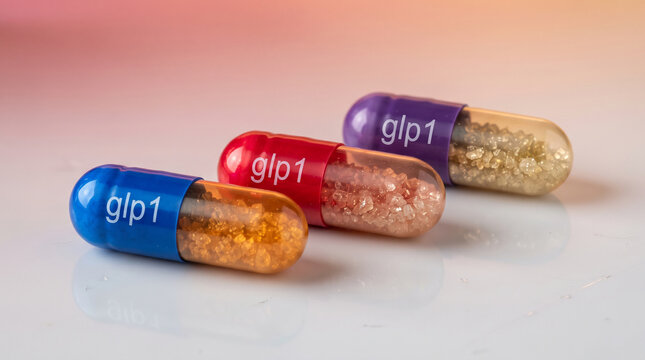 Three colorful capsules with crystalline contents, showcasing pharmaceutical medication, representing health, treatment, and scientific advancement, ideal for medical or wellness themes.
