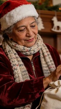 Vertical video: Smiling senior holding bag in Santa hat and scarf opening it at home, checking gift