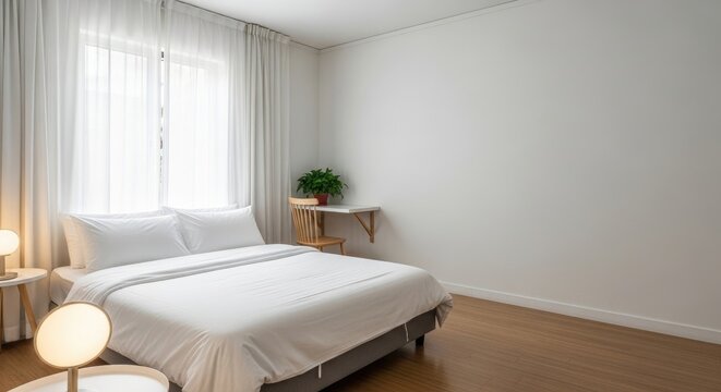 A bright, minimalist bedroom features a white bed with crisp white linens and a small wooden desk. A potted plant sits on the desk, and a bedside table with a lamp is positioned next to the bed.