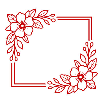 Red floral frame border with flowers and leaves corner design