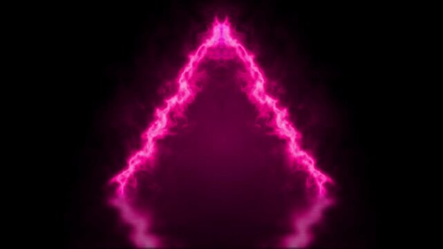 Pink neon fire triangular tunnel background. Abstract electric energy triangle frame loop. Glowing magenta portal light motion graphic.