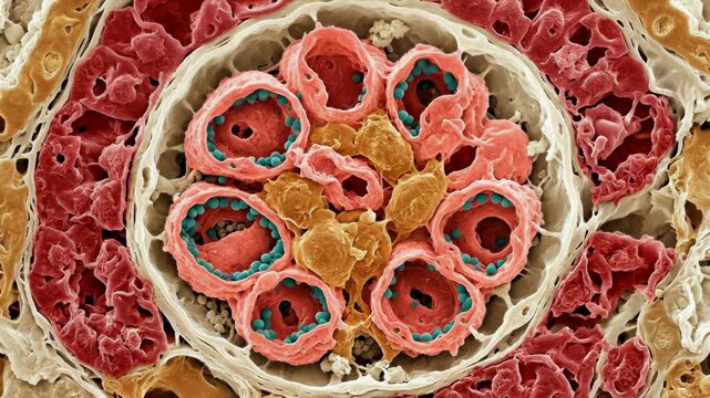 Kidney glomerulus showing hantavirus infection with virion particle aggregation inside renal corpuscle, demonstrating cellular damage from infectious disease, scientific visualization.