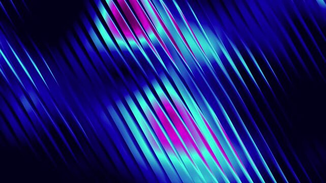Vibrant neon cyan purple diagonal lines background. Abstract glowing holographic speed wave loop. Futuristic metallic iridescent line motion graphic.