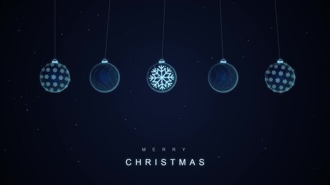 Neon glowing Christmas balls with snowflake pattern hanging loop animation on dark blue background with Merry Christmas text