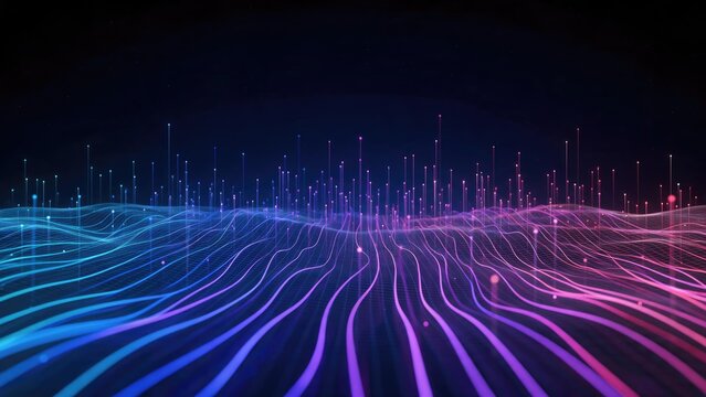 Flowing neon data lines with glowing nodes across a digital landscape, idea for network communication, information flow, advanced technology and connected systems