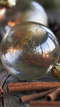 Vertical video: Camera shifting ornament rotating on cracked plank showing gold script and cinnamon