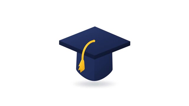 A flat vector illustration of a dark blue graduation cap with a yellow tassel.
