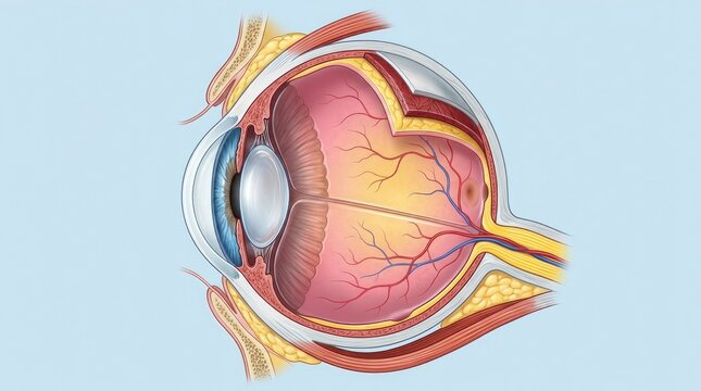 Human eye cross section diagram demonstrating internal eyeball structure, showing cornea layer, blue iris, crystalline lens, retina wall, choroid coat, optic nerve pathway, vitreous humor chamber.