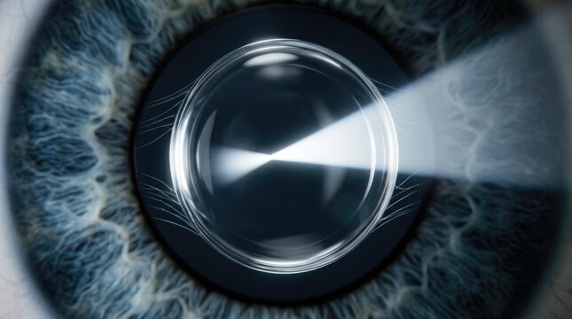 Human eye showing intraocular lens implant inside pupil, blue iris close up view, medical cataract surgery procedure, laser vision correction demonstrating light refraction focus detail.
