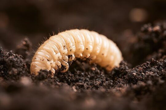 Macro shot of a pale grub worm crawling in dark soil close up