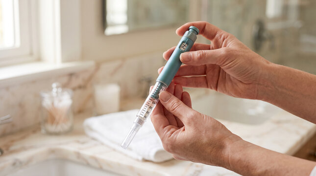 Close-up of hands holding a medical injection pen, ready for use, symbolizing health, treatment, and personal care, applicable to healthcare concepts