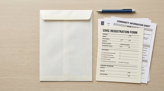 Civic Registration Form and Community Information Sheet with Pen on Wooden Desk