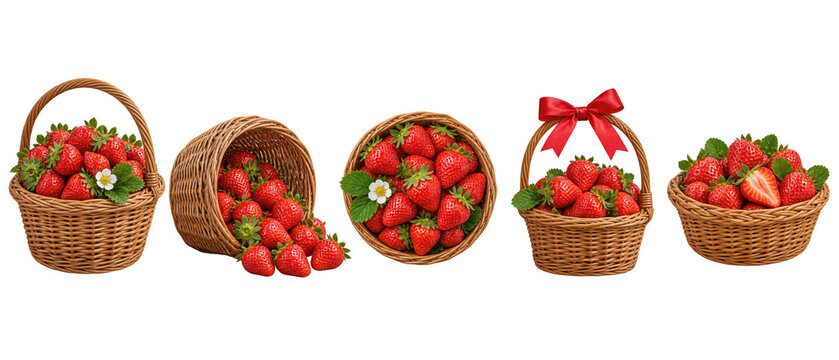 Set of wicker baskets full of strawberries on transparent