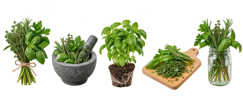 Set of fresh herbs bunch mortar and basil plant on transparent