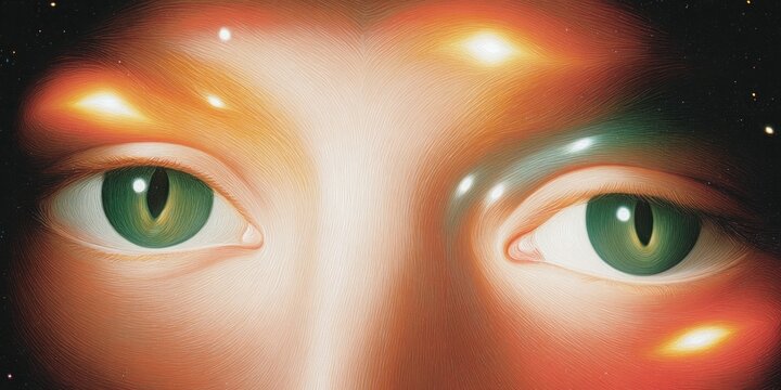 Surreal eyes with cosmic glow and abstract light effects.