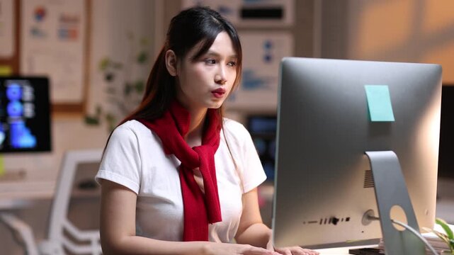 Young Asian businesswoman sitting at office desk, experiencing profound shock and deep disappointment while receiving distressing information through desktop computer monitor.