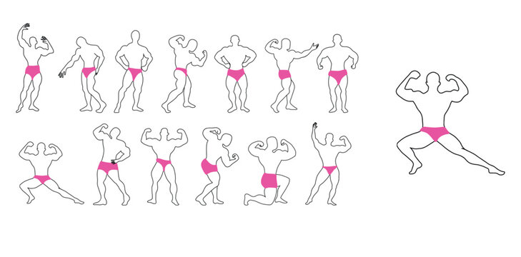 Funny set of muscular bodybuilder poses in pink trunks line art