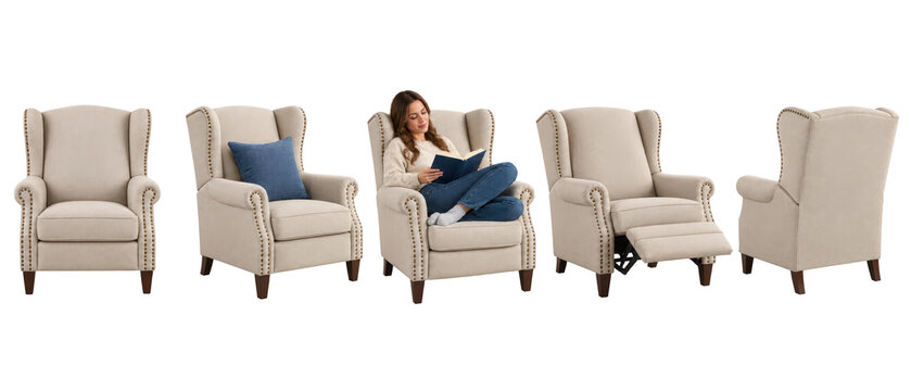 Set of beige wingback recliner armchair on transparent