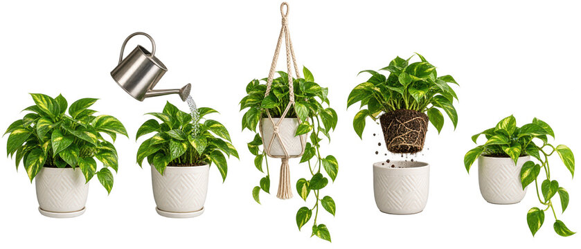 Set of pothos houseplant in white ceramic pot on transparent