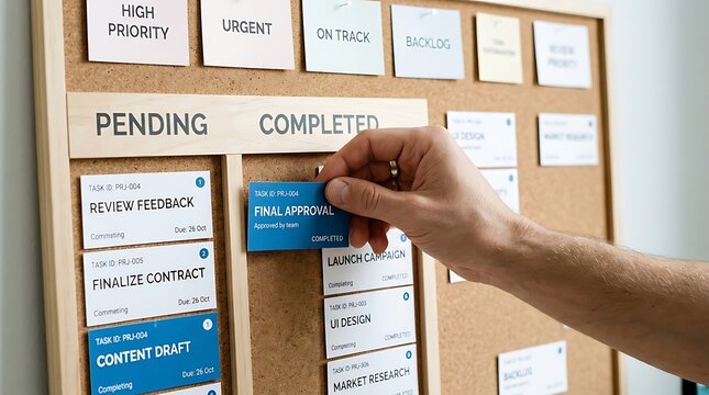 A hand moves a card labeled 'Final Approval' from the 'Pending' section to the 'Completed' section of a Kanban board.