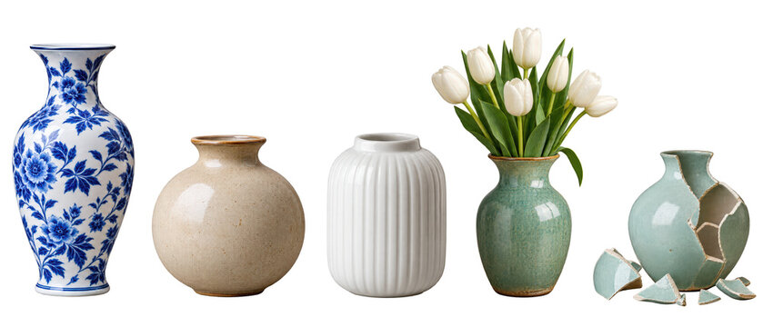 Set of ceramic vases with tulips and broken vase on transparent