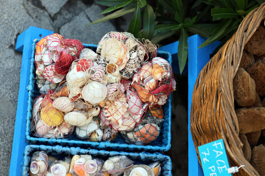 Sale of seashells on the island of Symi, Greece.