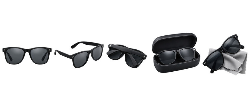 Set of black sunglasses with case and cloth on transparent